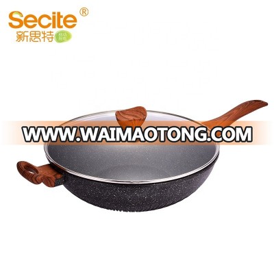 36CM Black Stone Wood Handle Aluminum Non Stick Coating Induction Cooker Wok