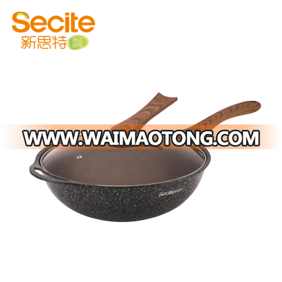 32cm Black Stone Wooden Handle Non-stick Cooking Surface No Oil Frying Pan